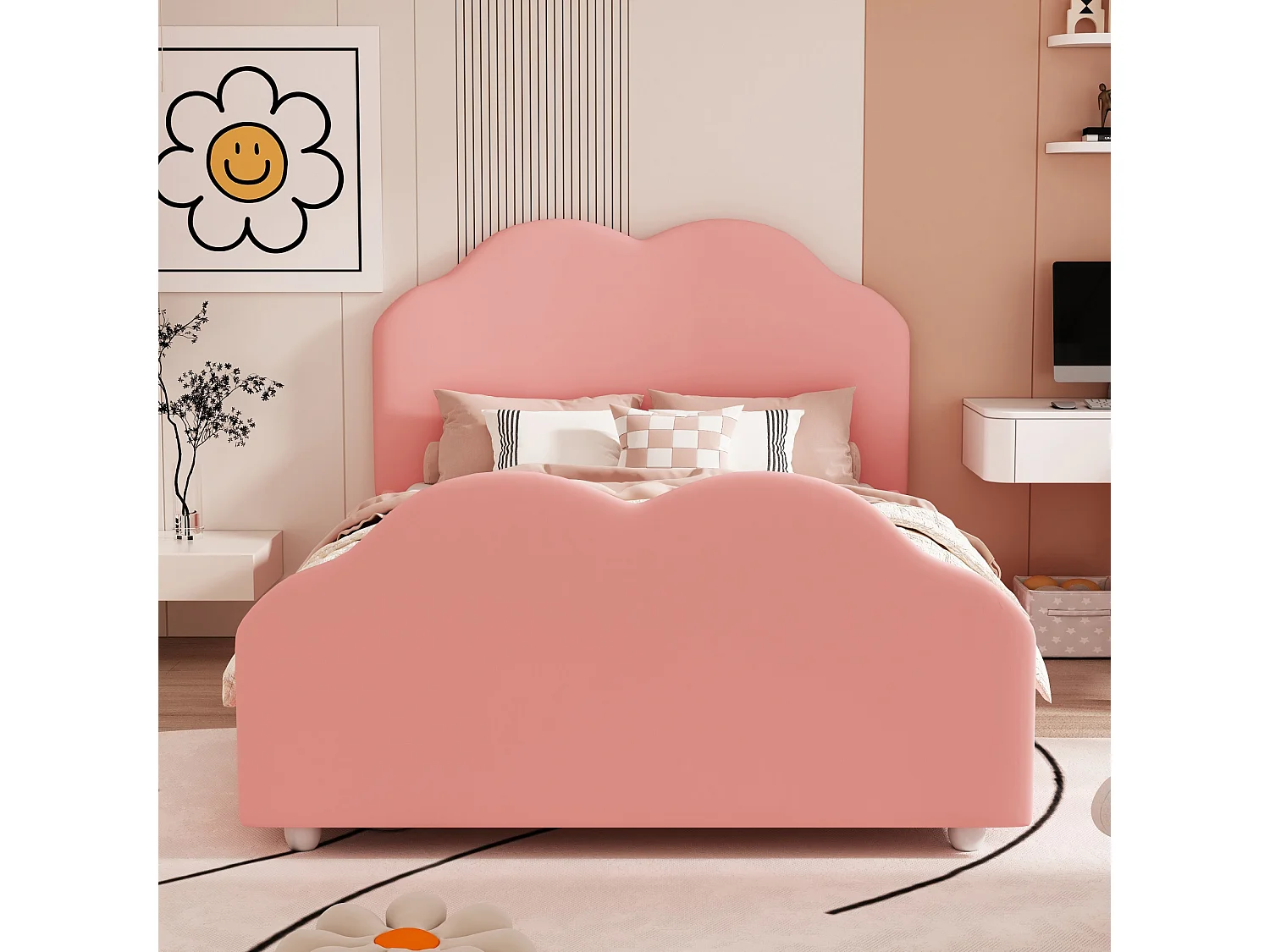 Bett mit wolkenförmigem Kopfteil 90 x 200 cm – Samt – für Kinder – rosa Farbe