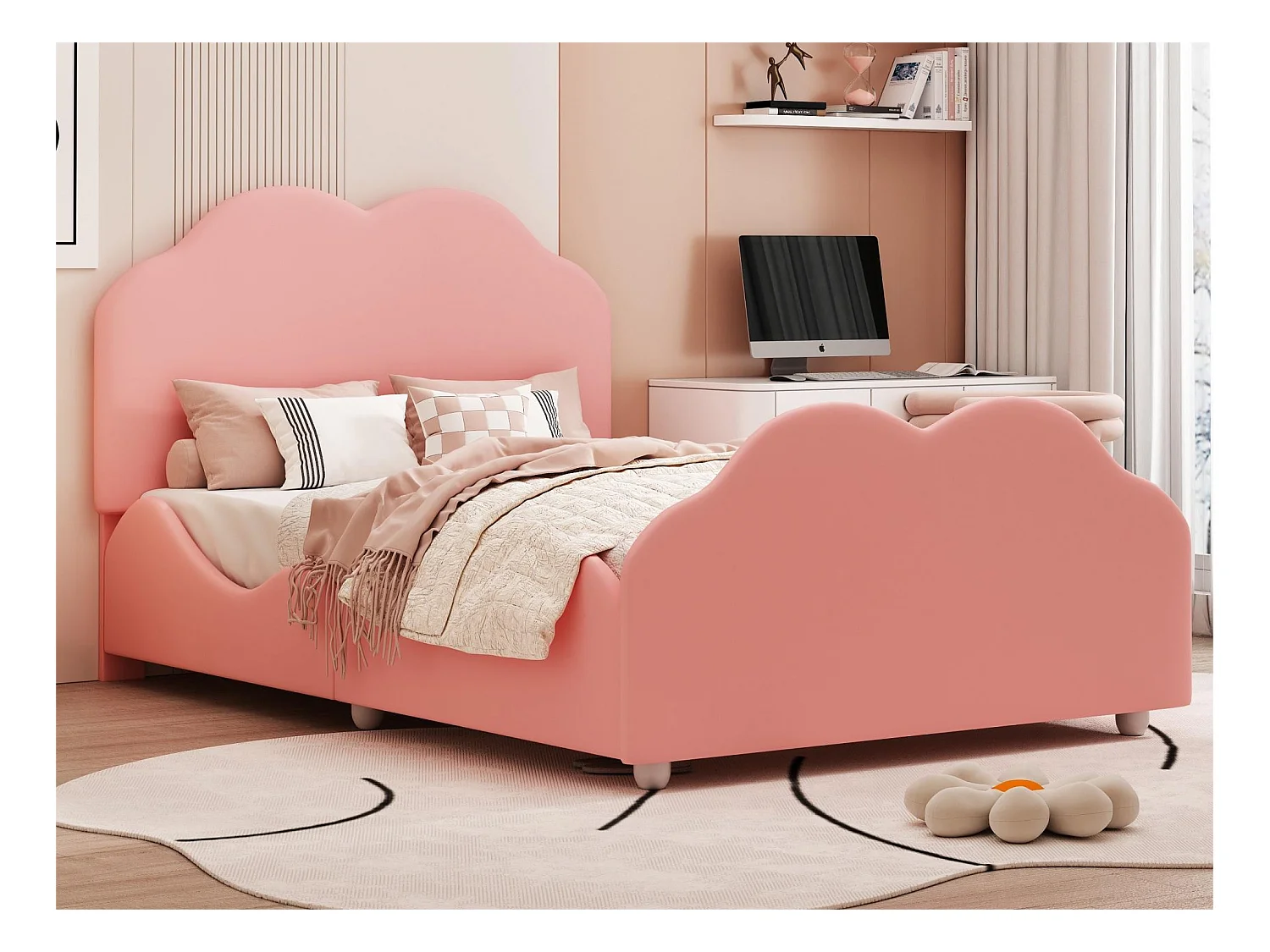 Bed met wolkvormig hoofdeinde 90 x 200 cm - fluweel - voor kinderen - roze kleur