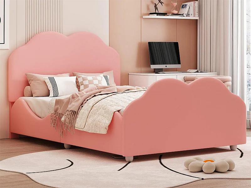 Letto con testiera a forma di nuvola 90 x 200 cm - velluto - per bambini - colore rosa