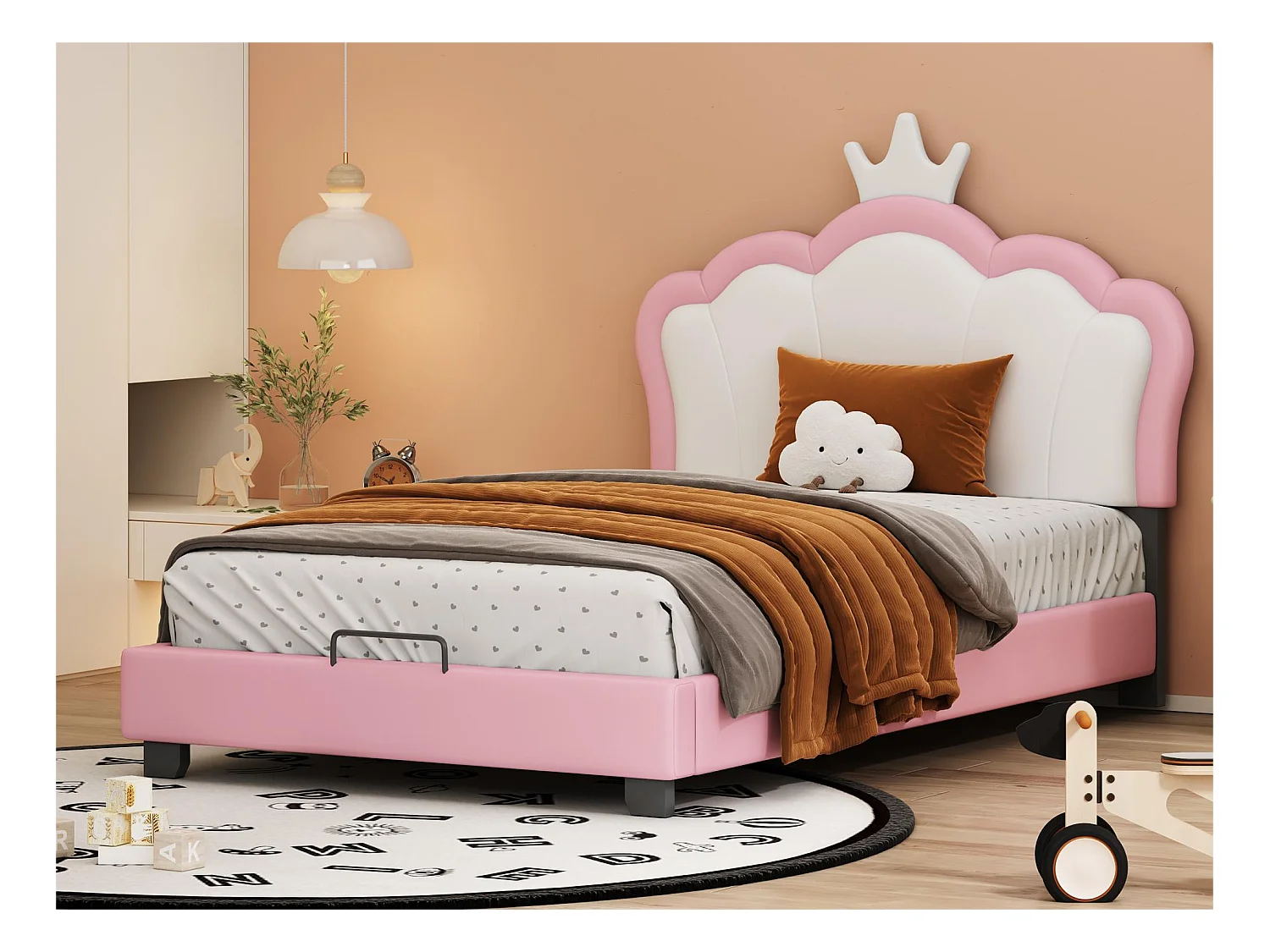 Lit avec tête de lit en forme couronne 90 x 200 cm - cuir PU - pour enfant - coloris rose