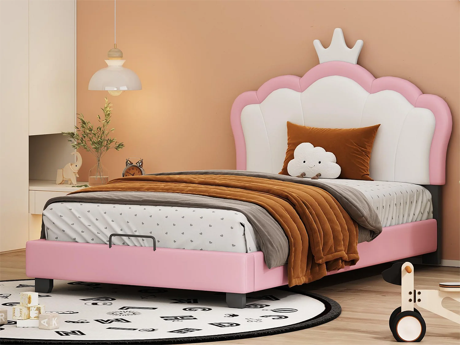 Lit avec tête de lit en forme couronne 90 x 200 cm - cuir PU - pour enfant - coloris rose