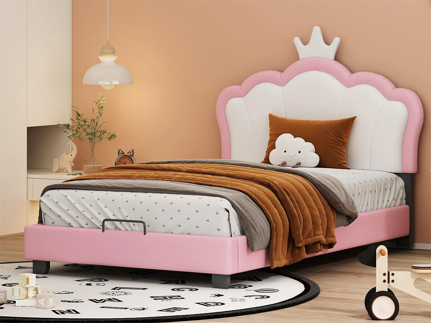 Cama con cabecero en forma de corona 90 x 200 cm - piel sintética - para niños - color rosa