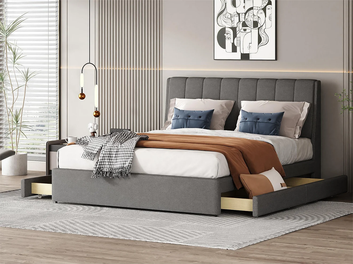 Bed met hoofdeinde - 140 x 200 cm - 4 lades - linnen stof - grijze kleur