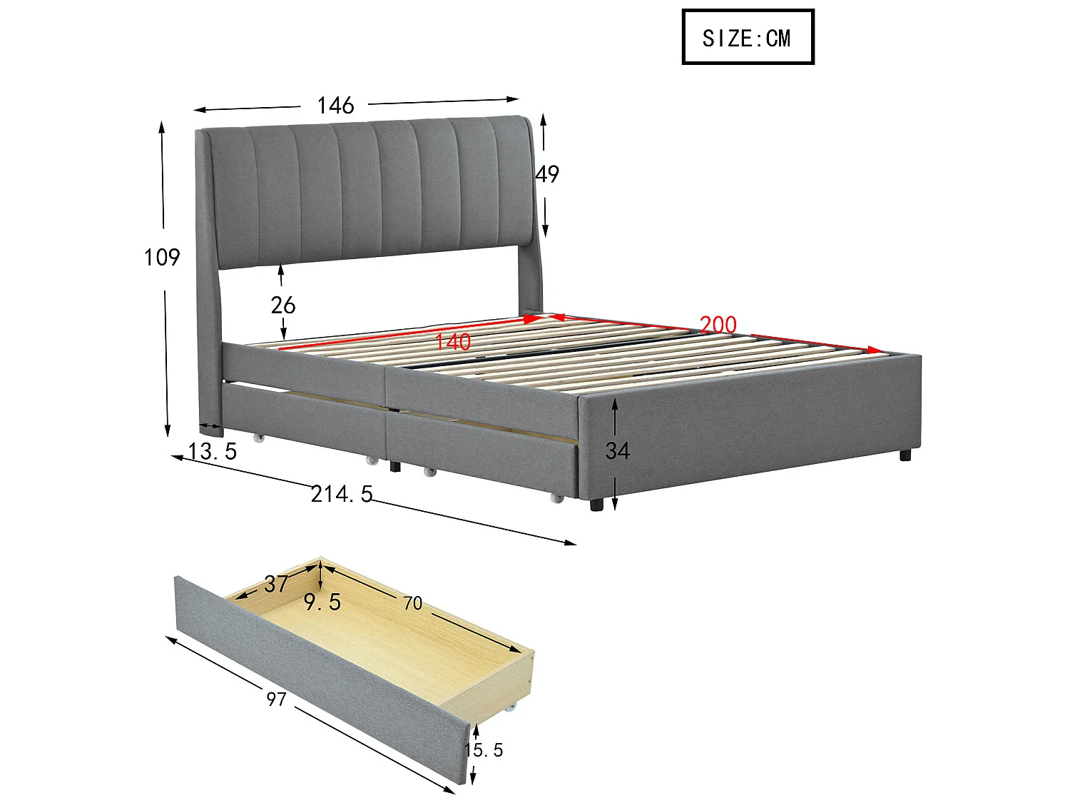 Bed met hoofdeinde - 140 x 200 cm - 4 lades - linnen stof - grijze kleur