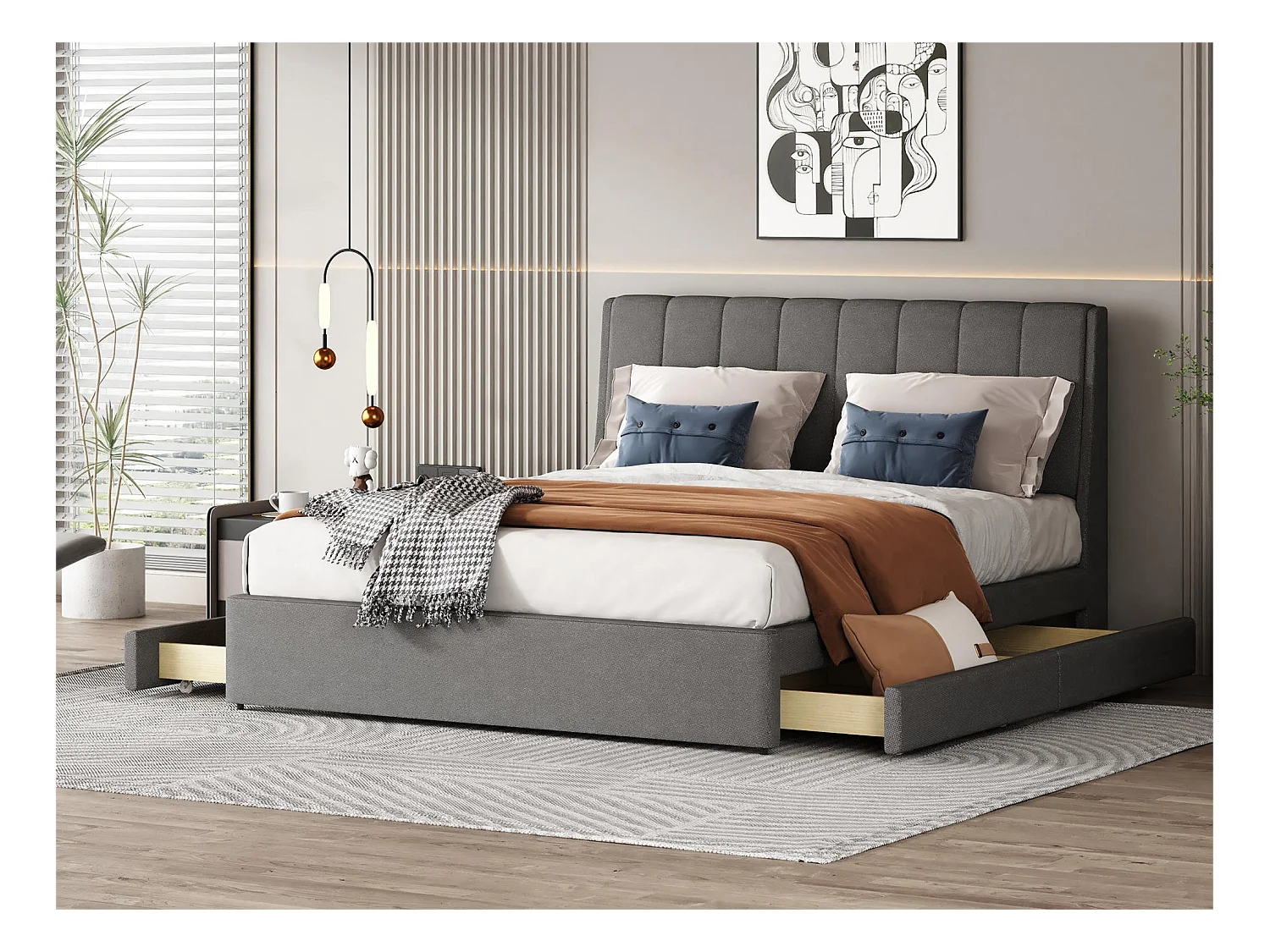 Lit avec tête de lit - 140 x 200 cm - 4 tiroirs - tissu lin - coloris gris
