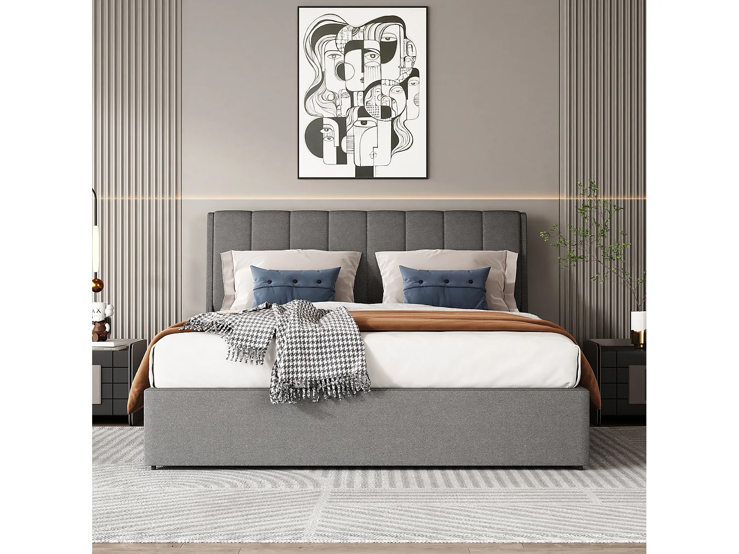 Cama con cabecero - 140 x 200 cm - 4 cajones - tejido de lino - color gris