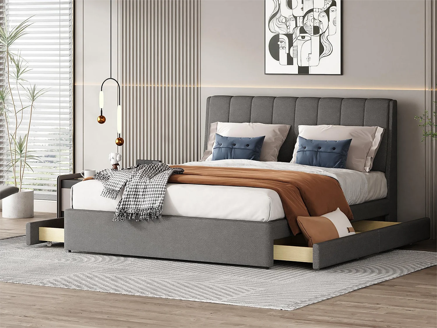 Bed met hoofdeinde - 140 x 200 cm - 4 lades - linnen stof - grijze kleur