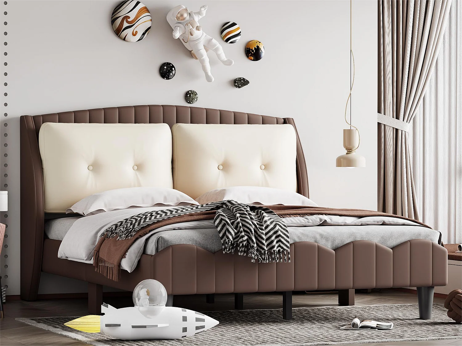 Polsterbett 140 x 200 cm, 2 Kissen am Kopfteil, PU-Leder, inklusive Boxspringbett, braune Farbe