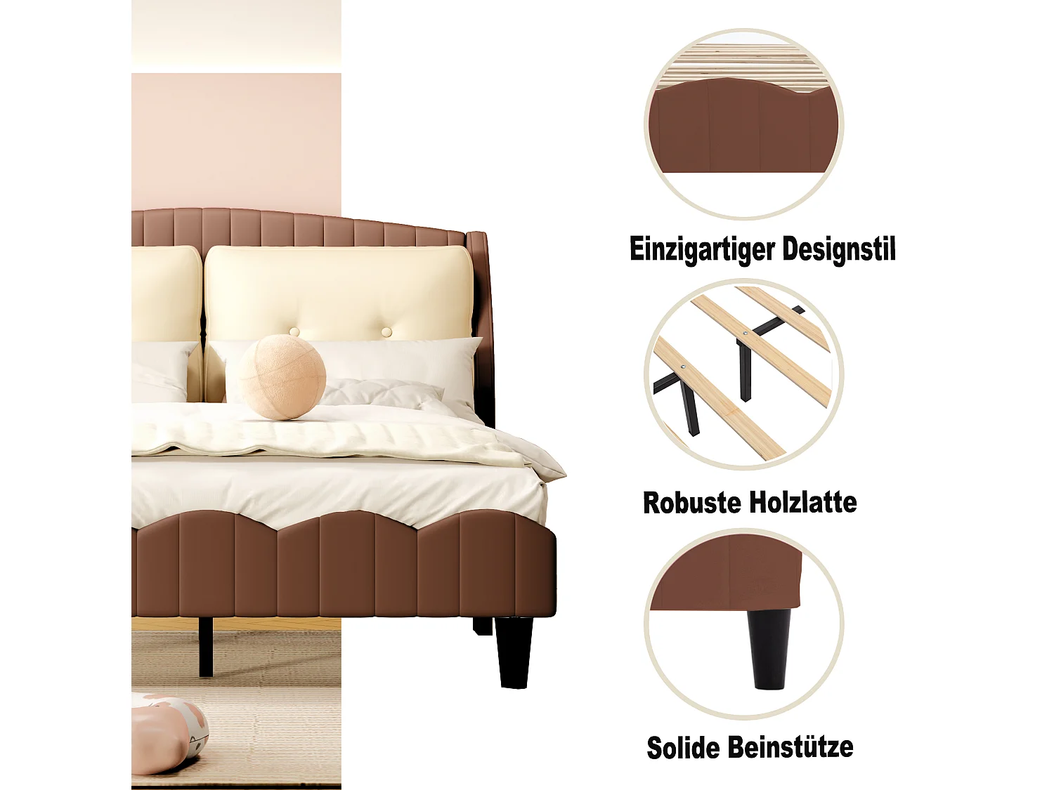 Polsterbett 140 x 200 cm, 2 Kissen am Kopfteil, PU-Leder, inklusive Boxspringbett, braune Farbe