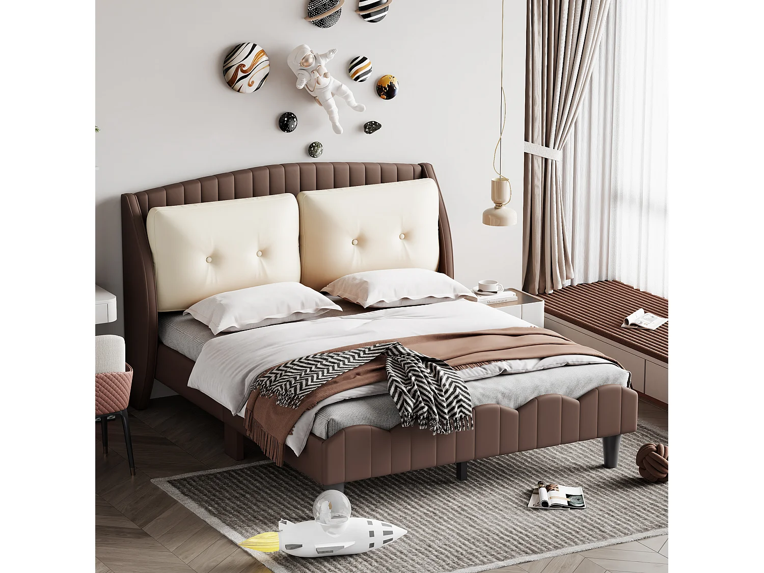 Polsterbett 140 x 200 cm, 2 Kissen am Kopfteil, PU-Leder, inklusive Boxspringbett, braune Farbe