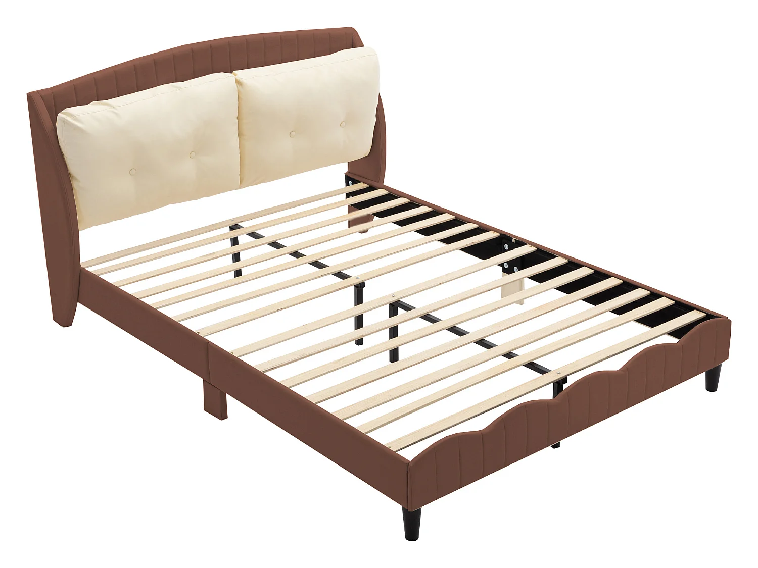 Polsterbett 140 x 200 cm, 2 Kissen am Kopfteil, PU-Leder, inklusive Boxspringbett, braune Farbe