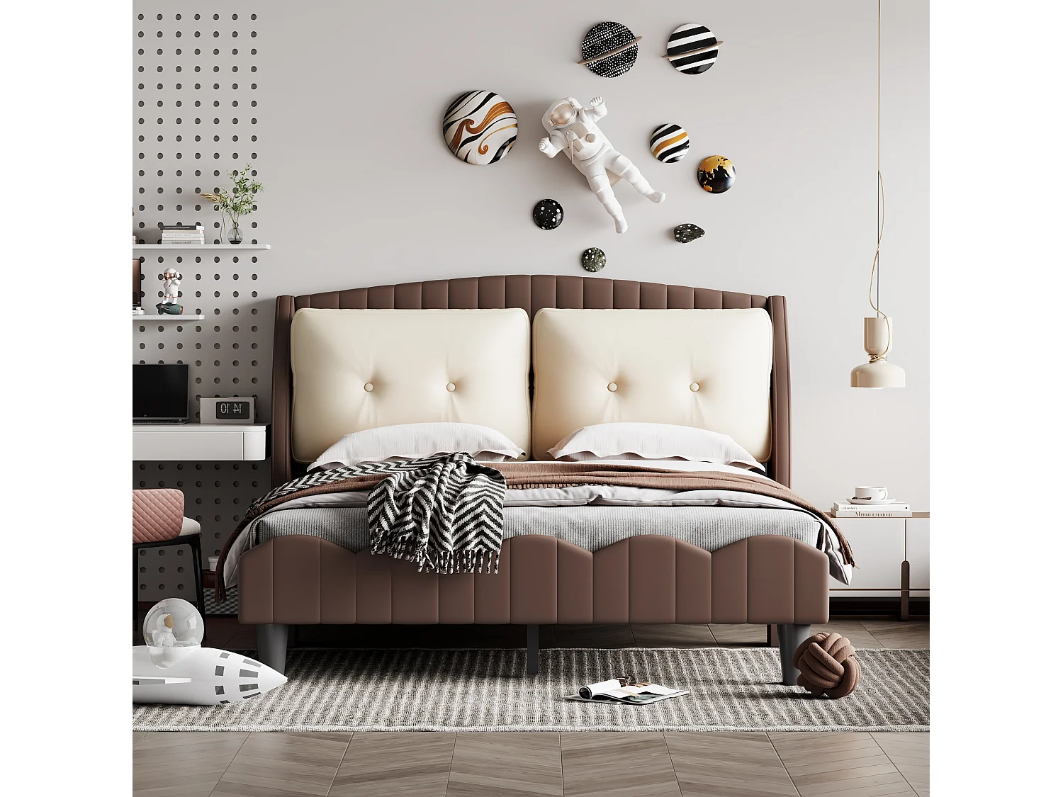 Polsterbett 140 x 200 cm, 2 Kissen am Kopfteil, PU-Leder, inklusive Boxspringbett, braune Farbe