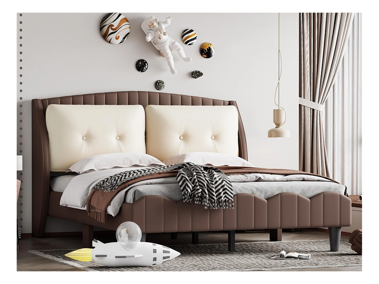 Polsterbett 140 x 200 cm, 2 Kissen am Kopfteil, PU-Leder, inklusive Boxspringbett, braune Farbe