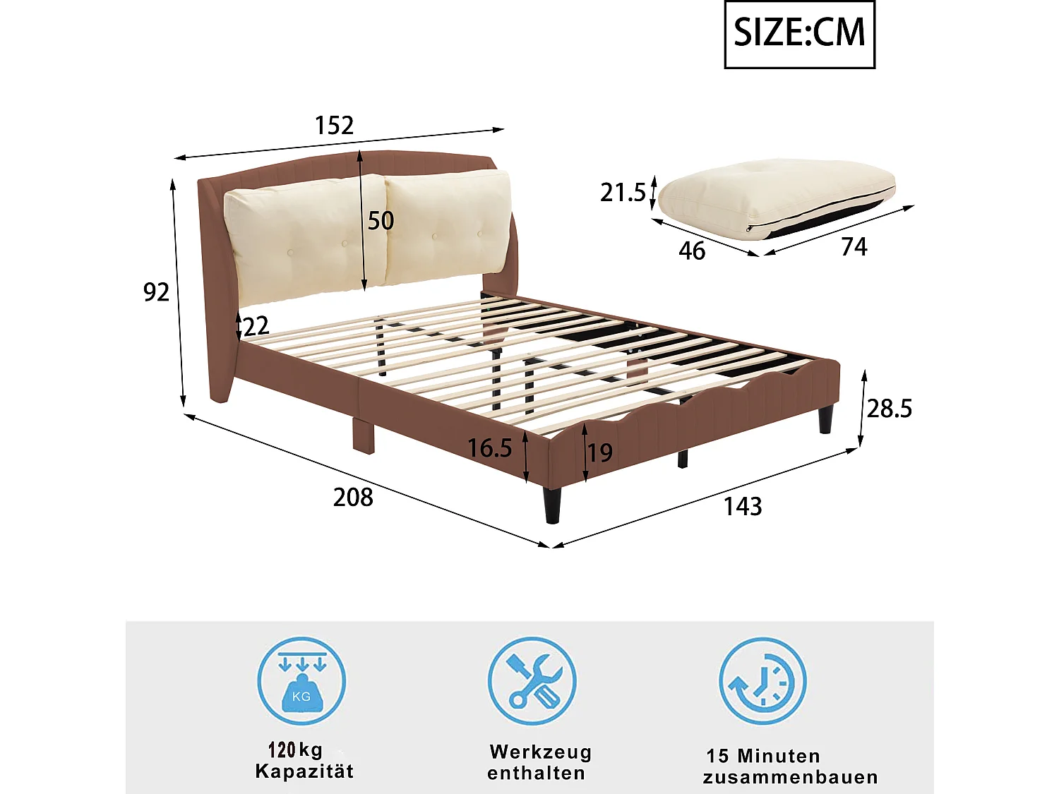 Polsterbett 140 x 200 cm, 2 Kissen am Kopfteil, PU-Leder, inklusive Boxspringbett, braune Farbe