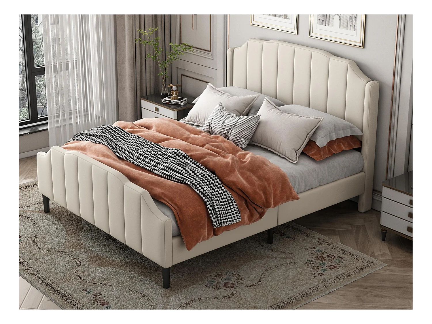 Bed met hoofdbord - 140 x 200 cm - fluweel - bedbodem inbegrepen - beige kleur