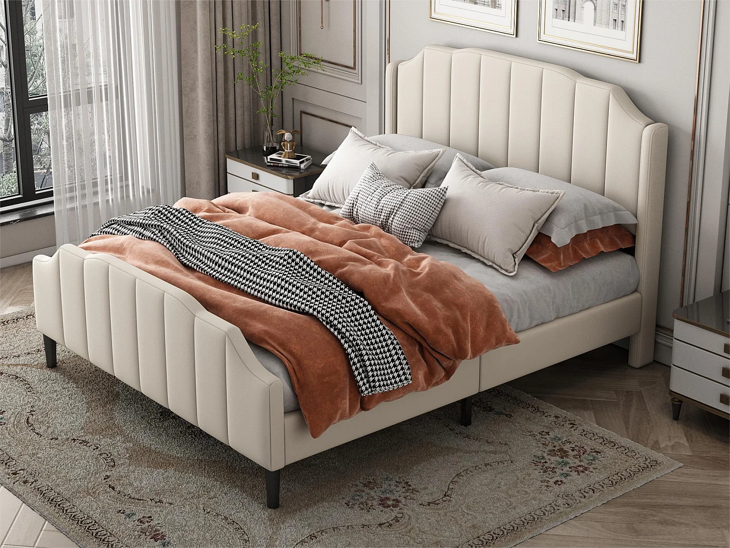 Bed met hoofdbord - 140 x 200 cm - fluweel - bedbodem inbegrepen - beige kleur