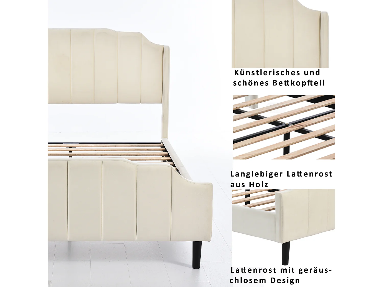 Bed met hoofdbord - 140 x 200 cm - fluweel - bedbodem inbegrepen - beige kleur