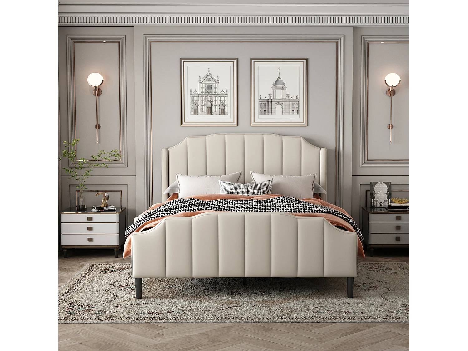 Bed met hoofdbord - 140 x 200 cm - fluweel - bedbodem inbegrepen - beige kleur