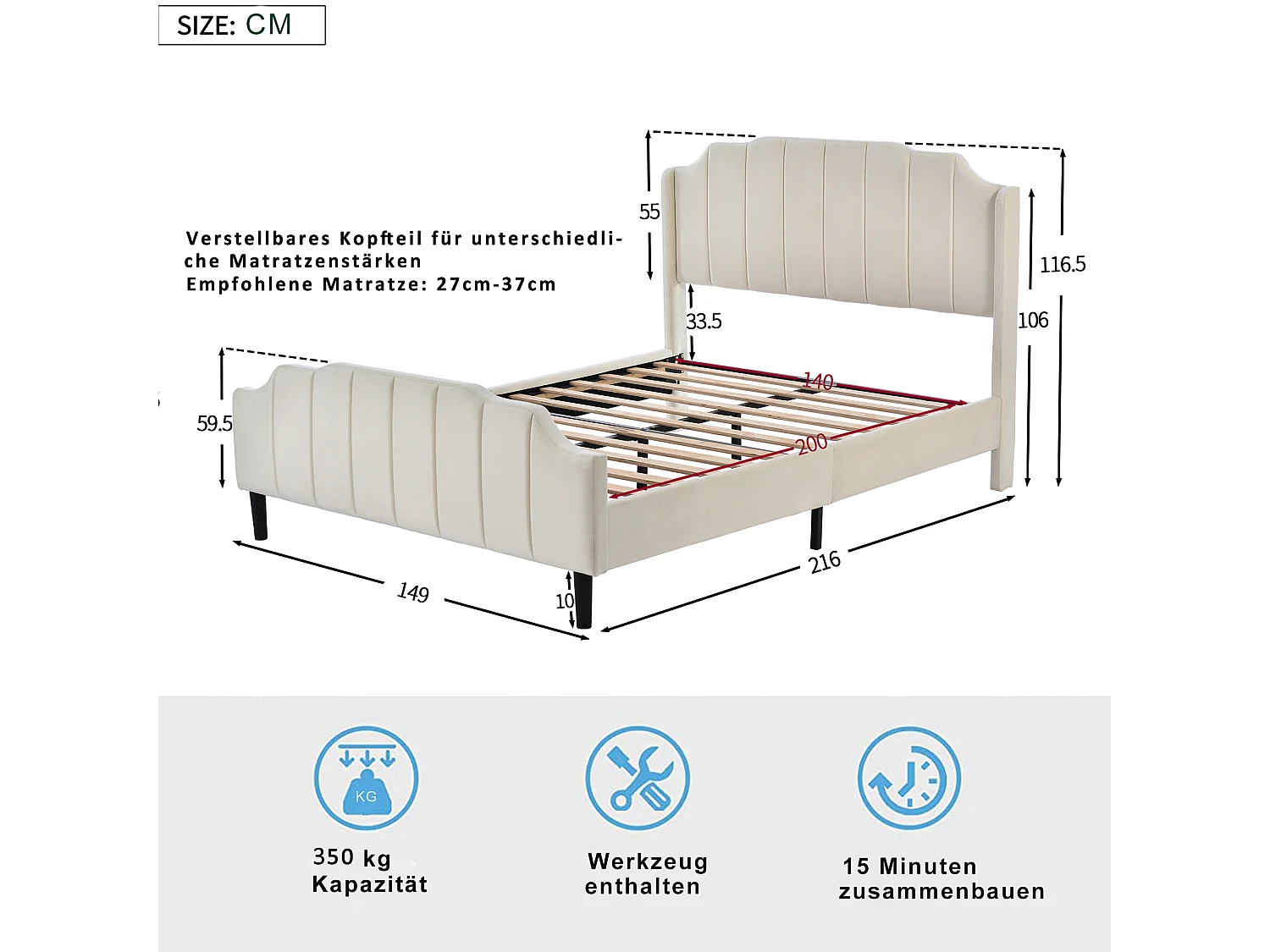 Bed met hoofdbord - 140 x 200 cm - fluweel - bedbodem inbegrepen - beige kleur