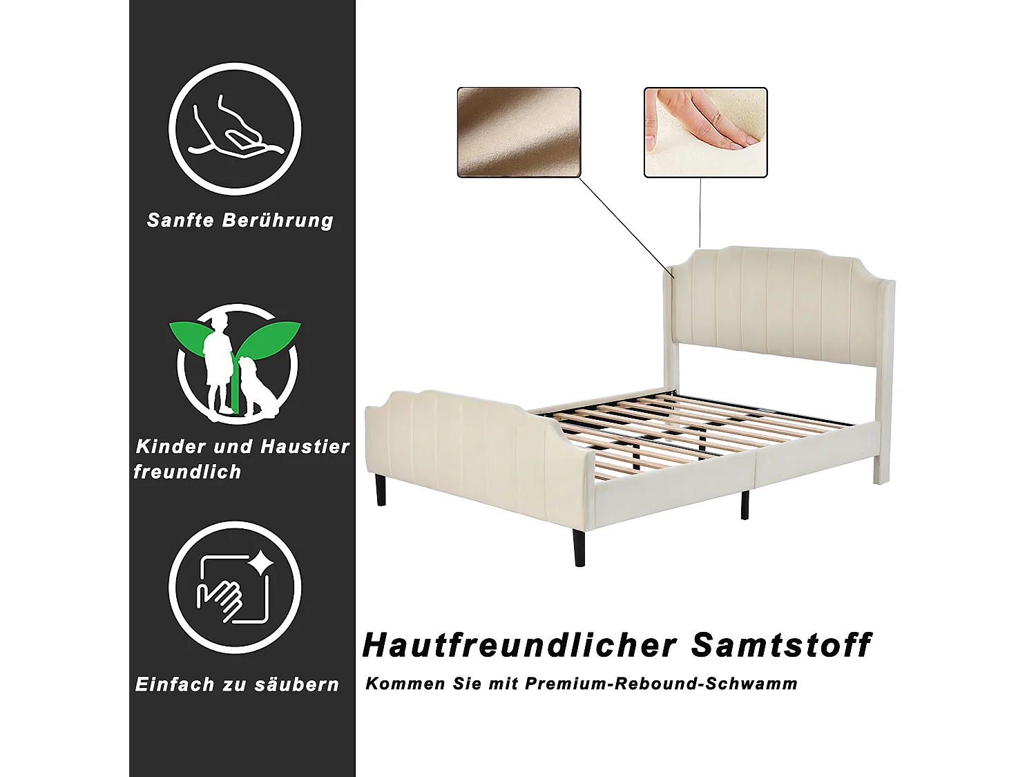 Bed met hoofdbord - 140 x 200 cm - fluweel - bedbodem inbegrepen - beige kleur