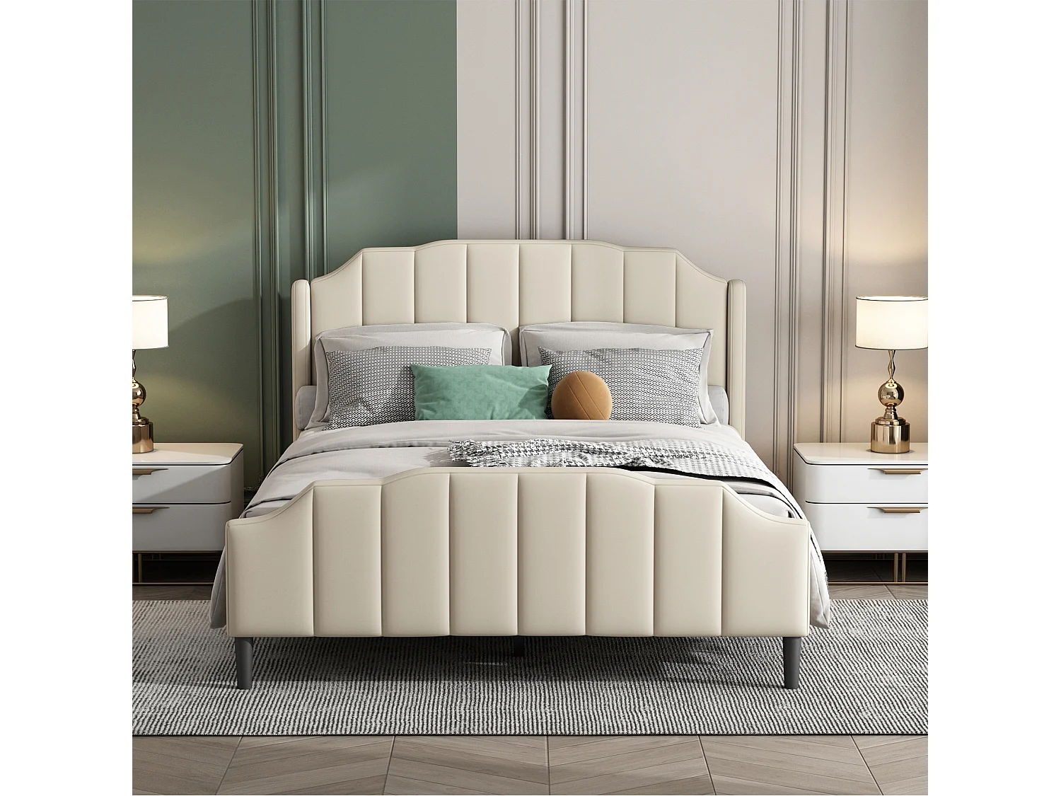 Bed met hoofdbord - 140 x 200 cm - fluweel - bedbodem inbegrepen - beige kleur