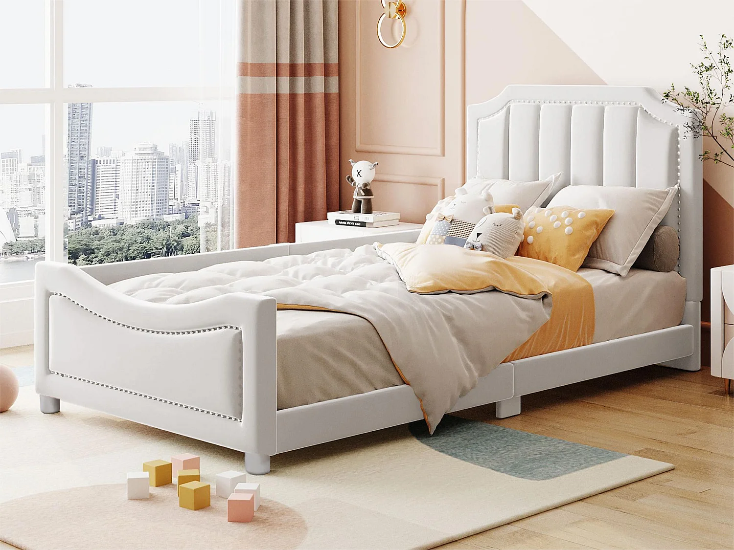 Lit avec tête de lit - 90 x 200 cm - tissu en flanelle - pour enfant ou bébé - coloris beige