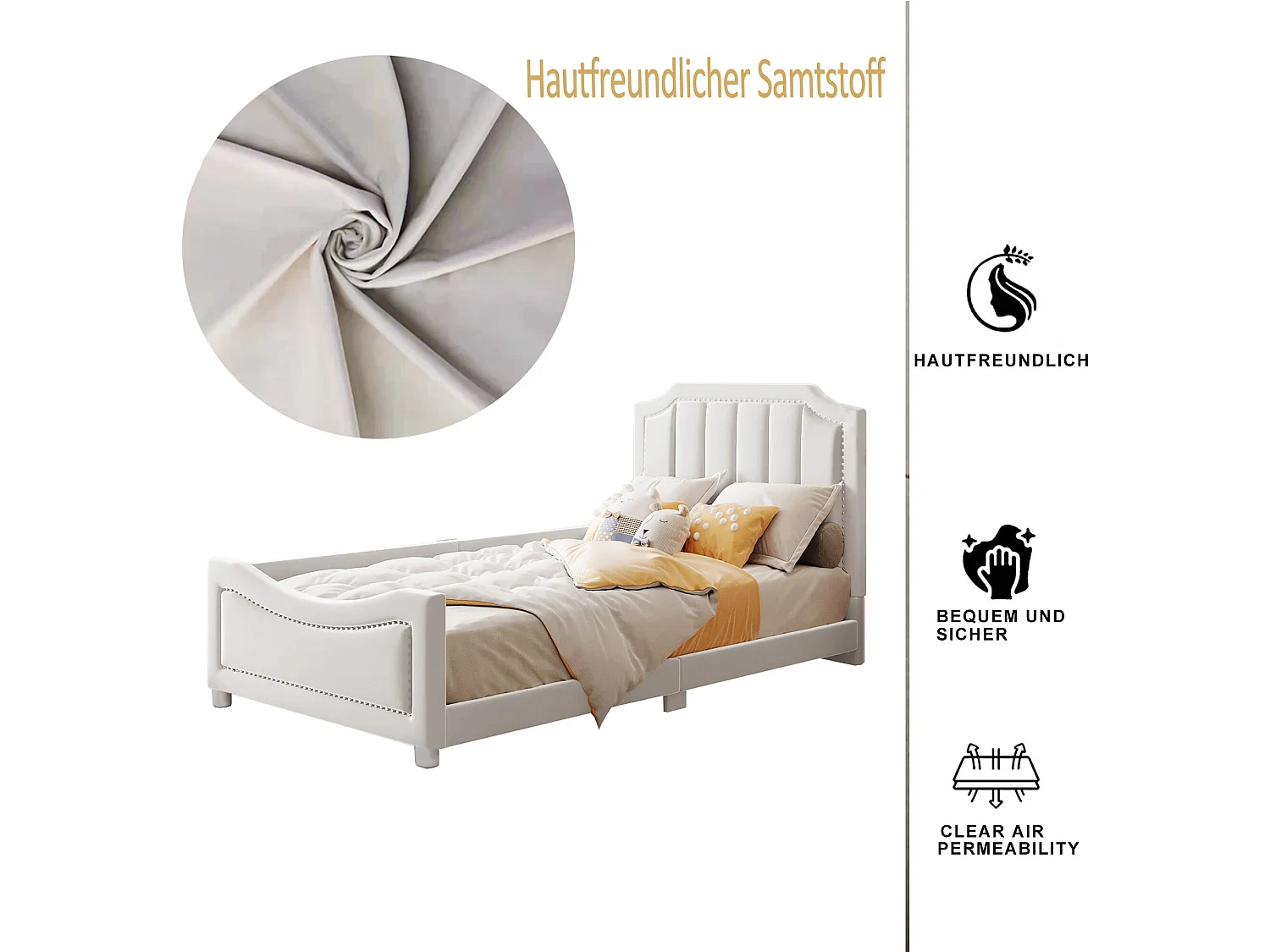 Lit avec tête de lit - 90 x 200 cm - tissu en flanelle - pour enfant ou bébé - coloris beige