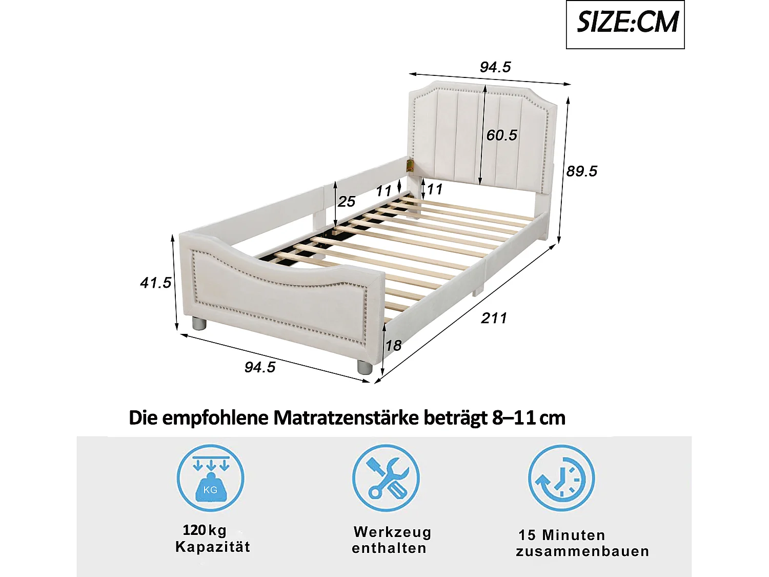 Lit avec tête de lit - 90 x 200 cm - tissu en flanelle - pour enfant ou bébé - coloris beige