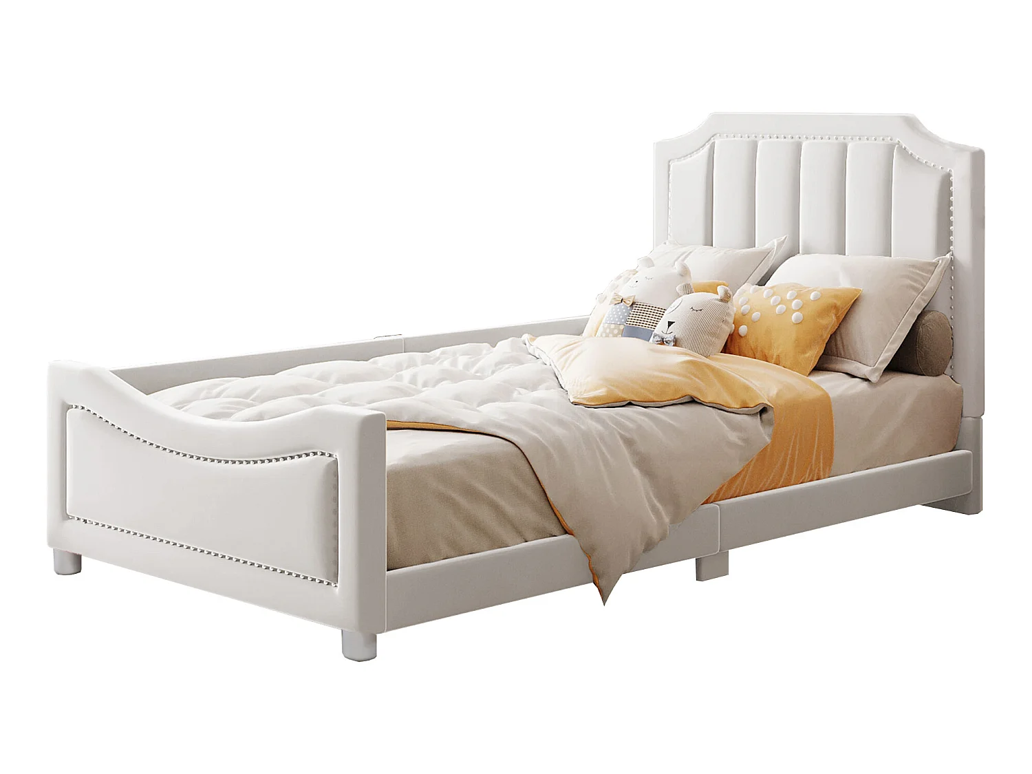 Lit avec tête de lit - 90 x 200 cm - tissu en flanelle - pour enfant ou bébé - coloris beige