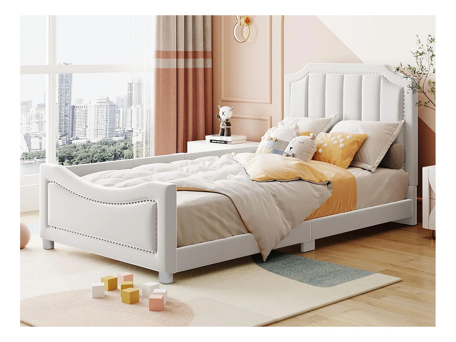 Lit avec tête de lit - 90 x 200 cm - tissu en flanelle - pour enfant ou bébé - coloris beige