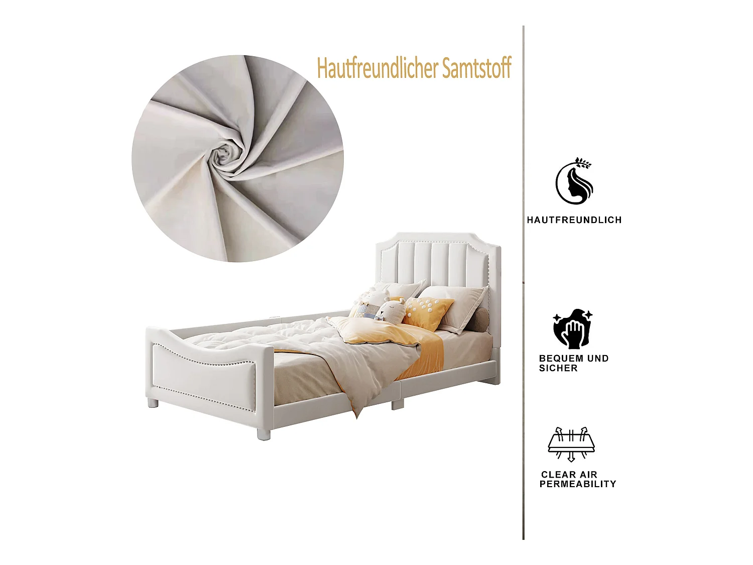 Cama com cabeceira - 90 x 200 cm - tecido flanelado - para criança ou bebê - cor bege