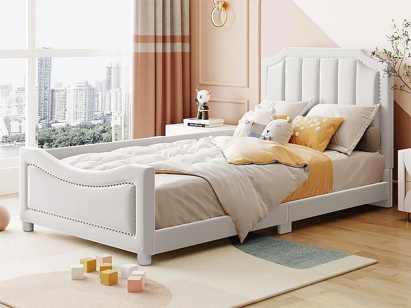 Lit avec tête de lit - 90 x 200 cm - tissu en flanelle - pour enfant ou bébé - coloris beige