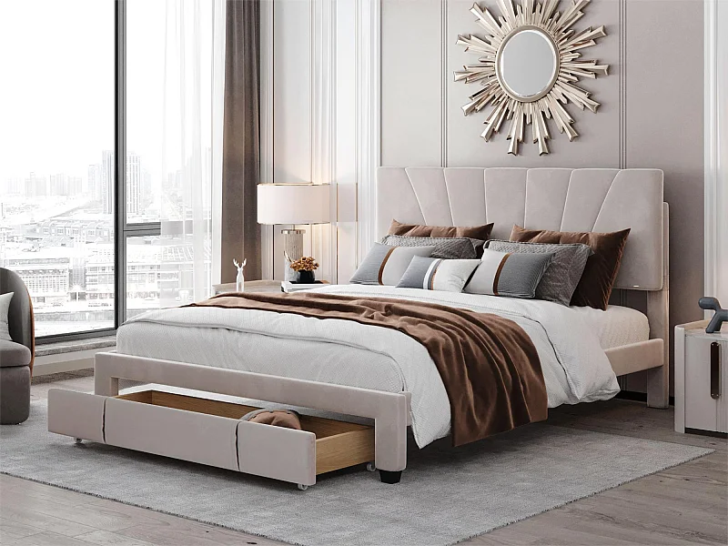 Bed met verstelbaar hoofdeinde - 140 x 200 cm - grote lade - fluweel - natuurlijke kleur