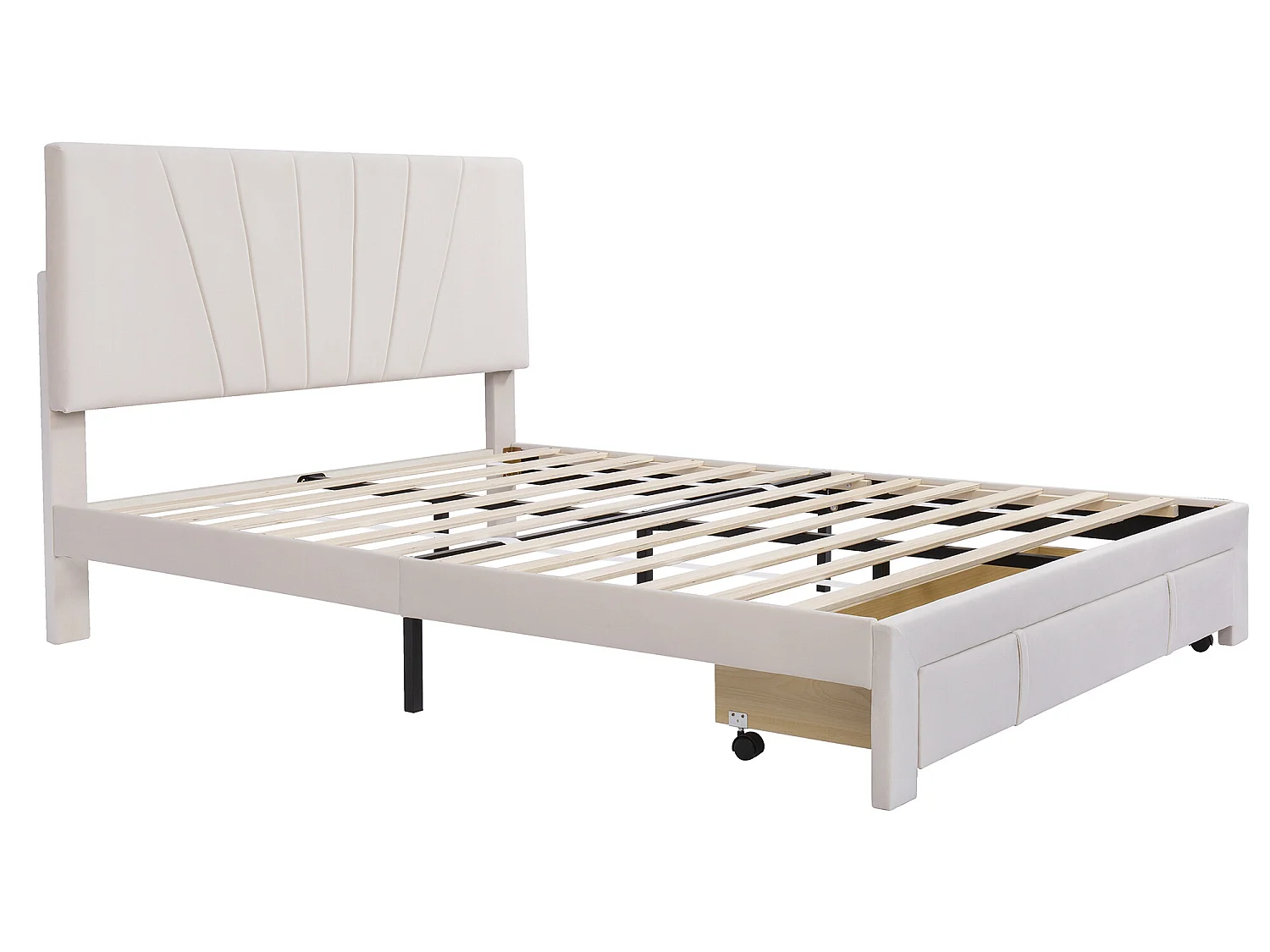 Lit avec tête de lit réglable - 140 x 200 cm - grand tiroir - velours - coloris naturel