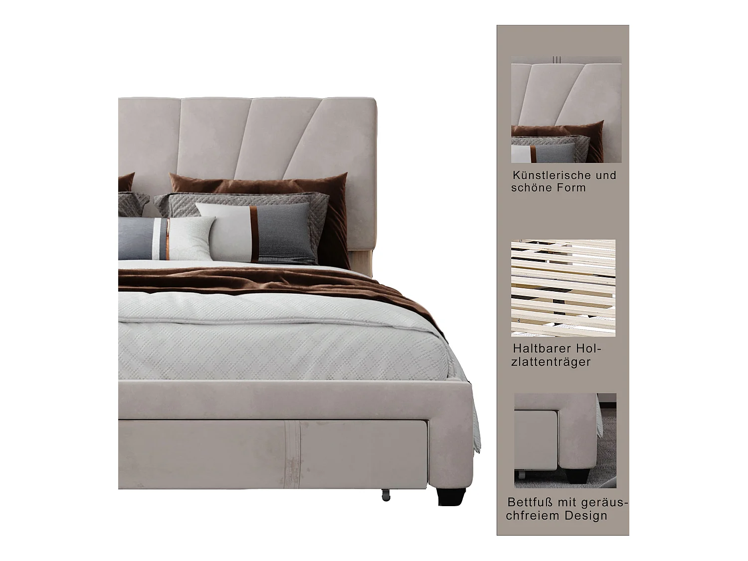 Lit avec tête de lit réglable - 140 x 200 cm - grand tiroir - velours - coloris naturel