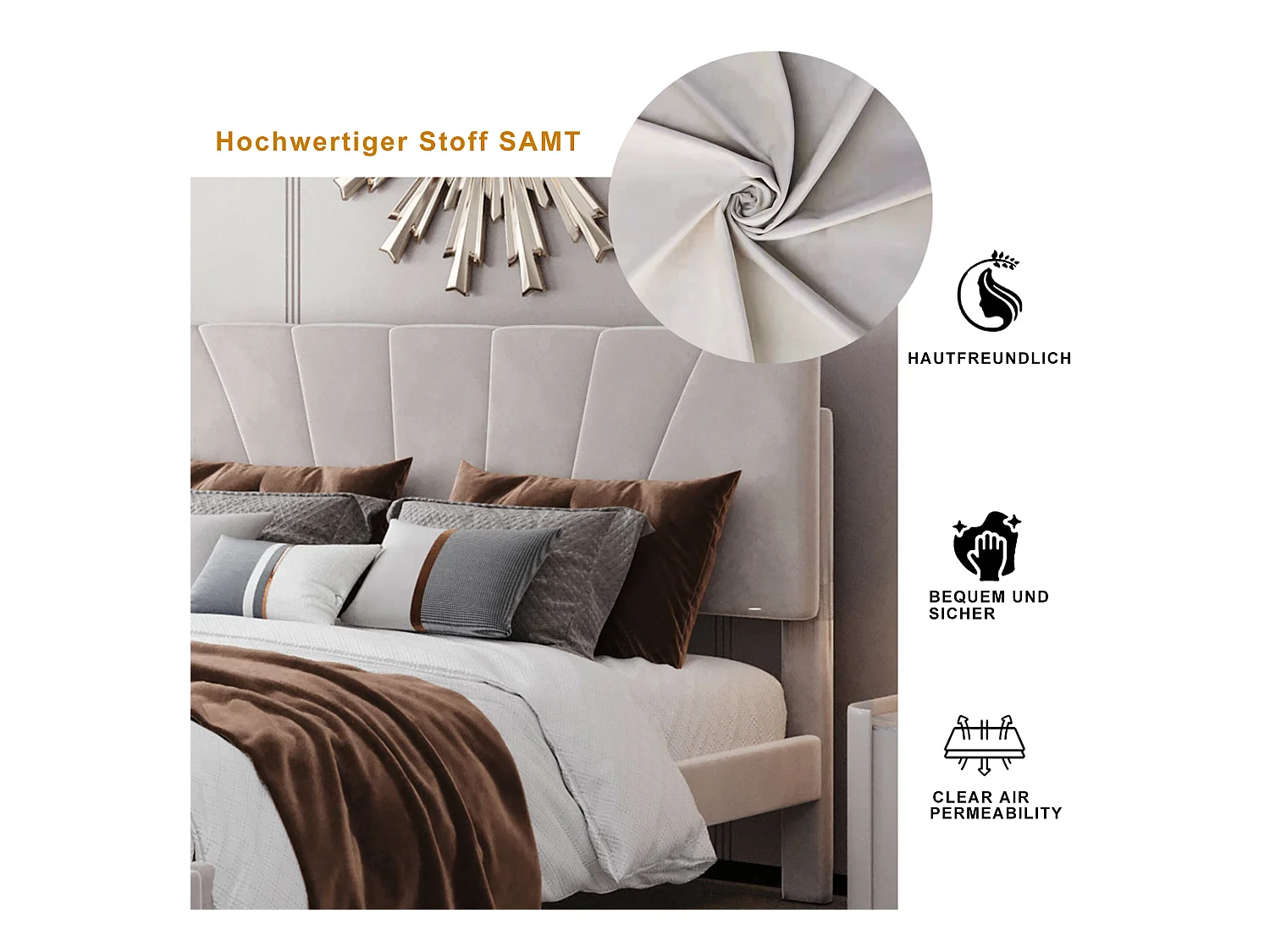 Lit avec tête de lit réglable - 140 x 200 cm - grand tiroir - velours - coloris naturel