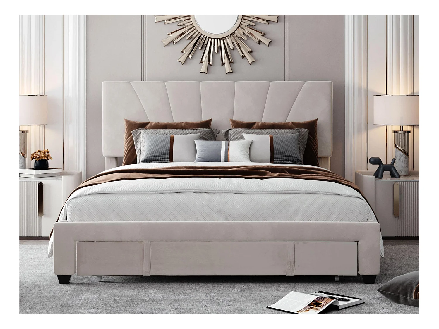 Lit avec tête de lit réglable - 140 x 200 cm - grand tiroir - velours - coloris naturel