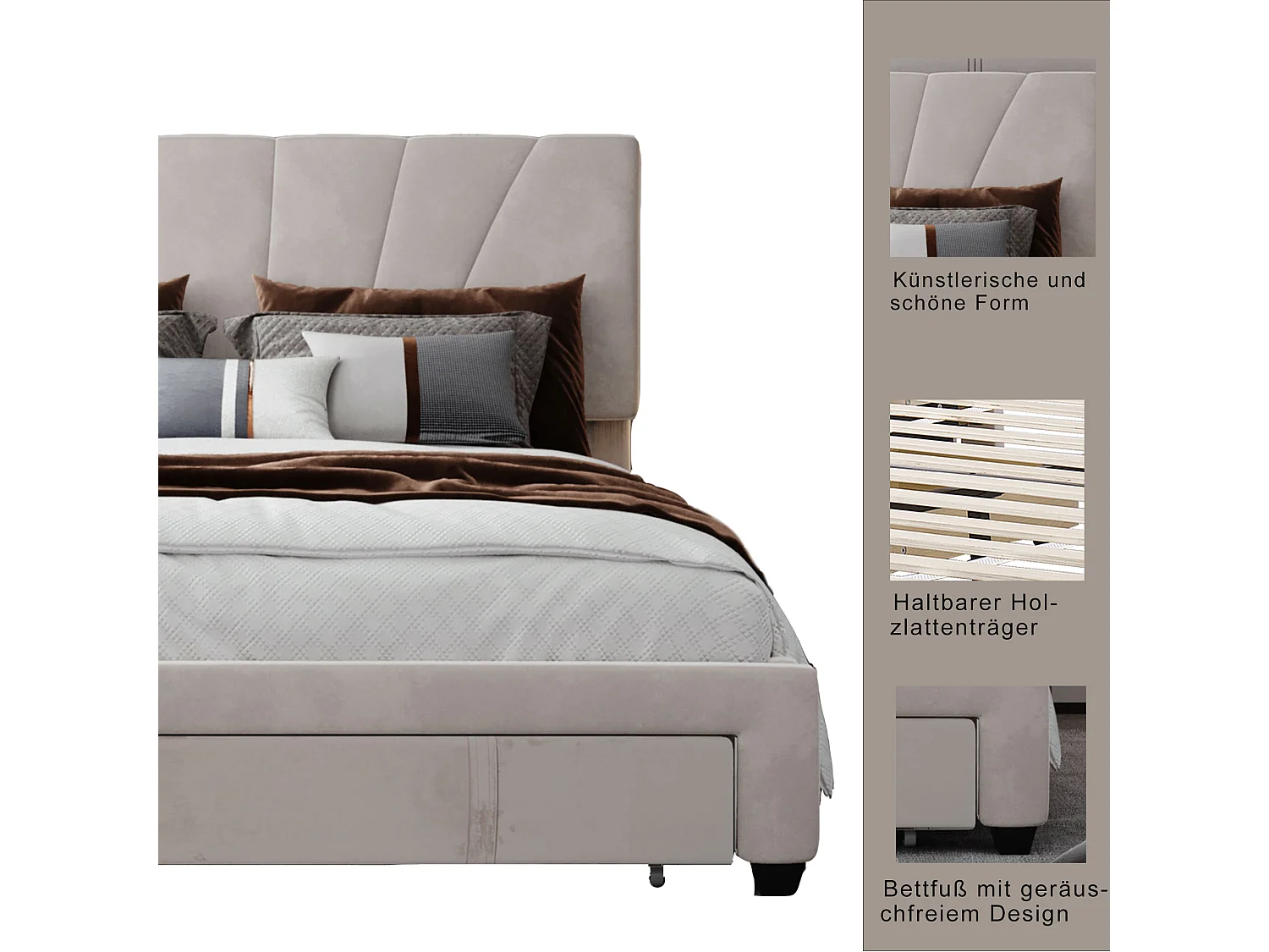 Lit avec tête de lit réglable - 140 x 200 cm - grand tiroir - velours - coloris naturel