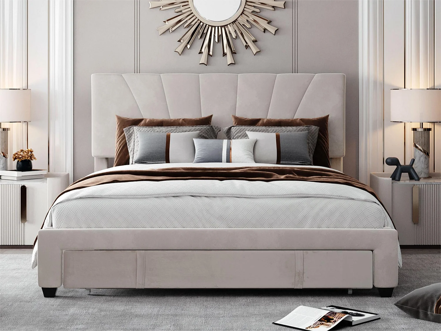 Lit avec tête de lit réglable - 140 x 200 cm - grand tiroir - velours - coloris naturel