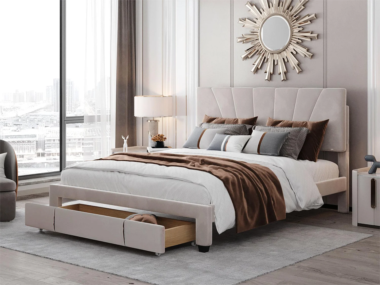 Cama con cabecera regulable - 140 x 200 cm - cajón grande - terciopelo - color natural