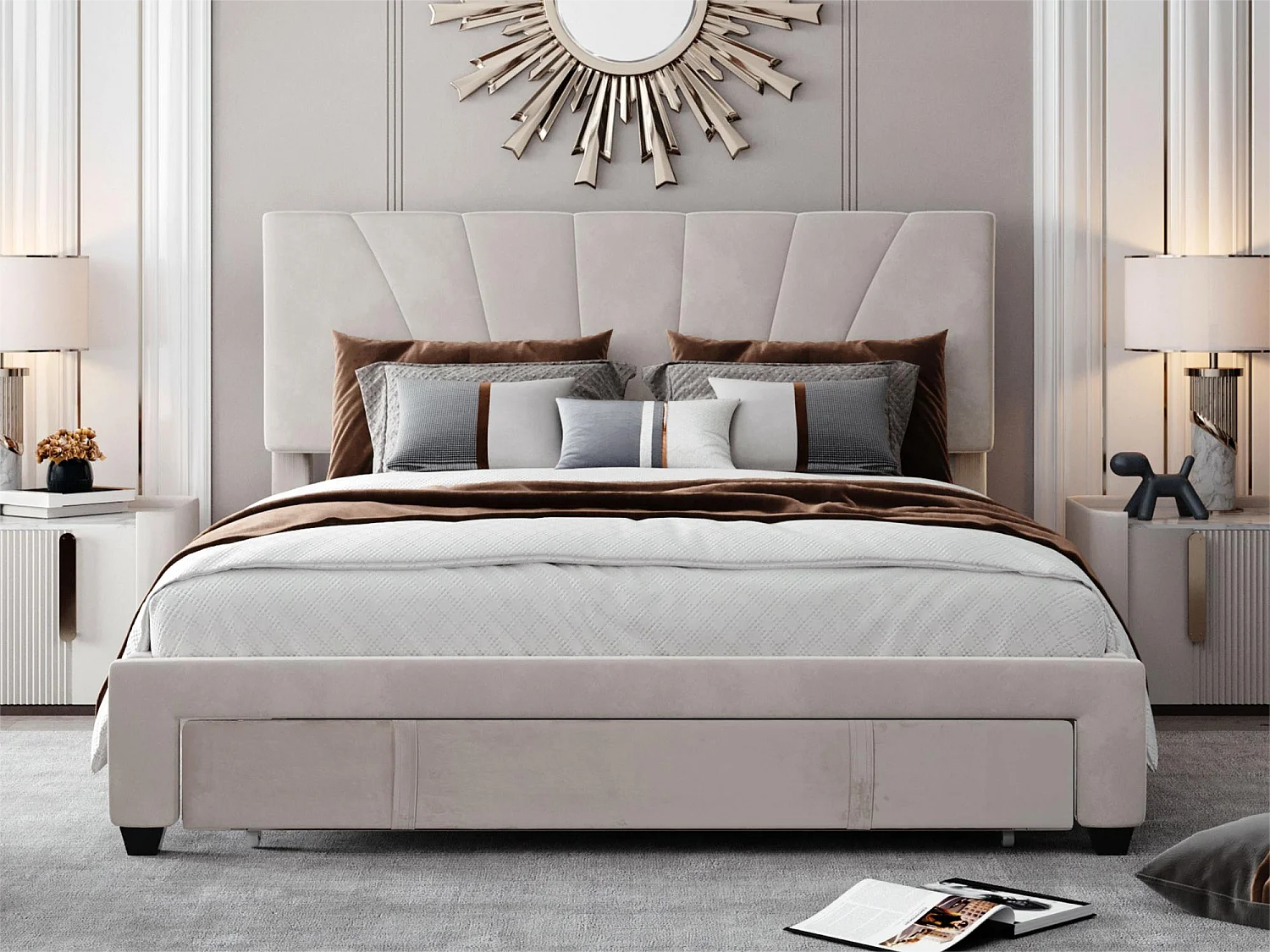 Cama con cabecera regulable - 140 x 200 cm - cajón grande - terciopelo - color natural