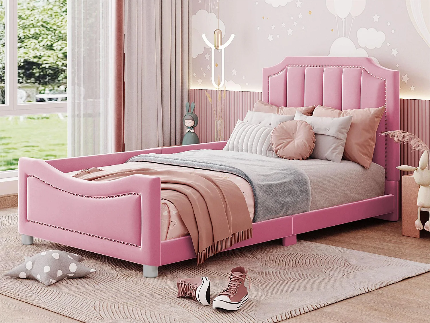 Bed met hoofdeinde - 90 x 200 cm - flanelstof - voor kind of baby - roze kleur