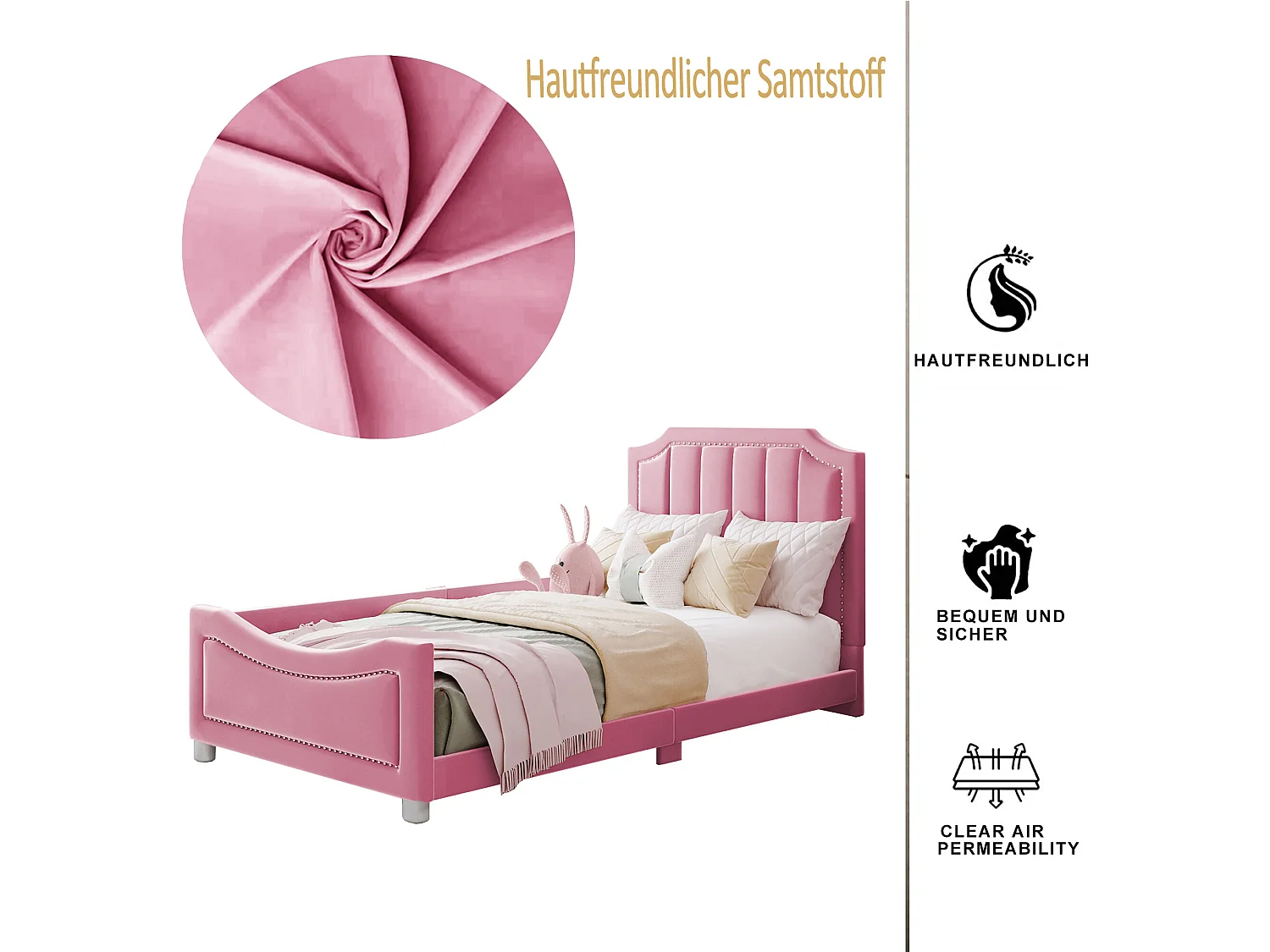Bed met hoofdeinde - 90 x 200 cm - flanelstof - voor kind of baby - roze kleur