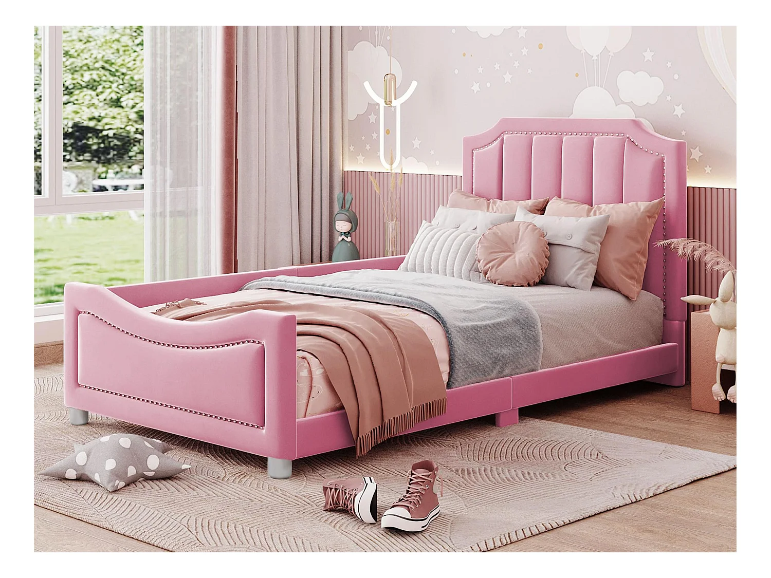 Lit avec tête de lit - 90 x 200 cm - tissu en flanelle - pour enfant ou bébé - coloris rose
