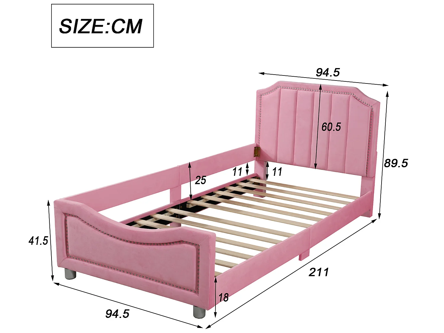 Bed met hoofdeinde - 90 x 200 cm - flanelstof - voor kind of baby - roze kleur