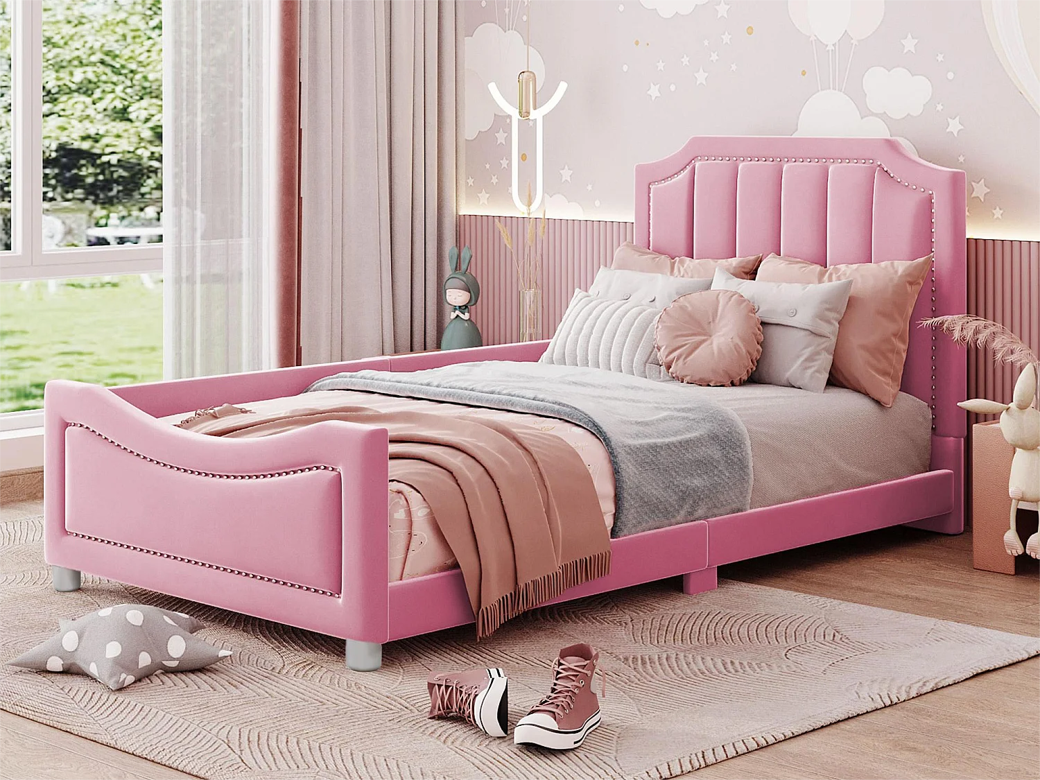 Bed met hoofdeinde - 90 x 200 cm - flanelstof - voor kind of baby - roze kleur
