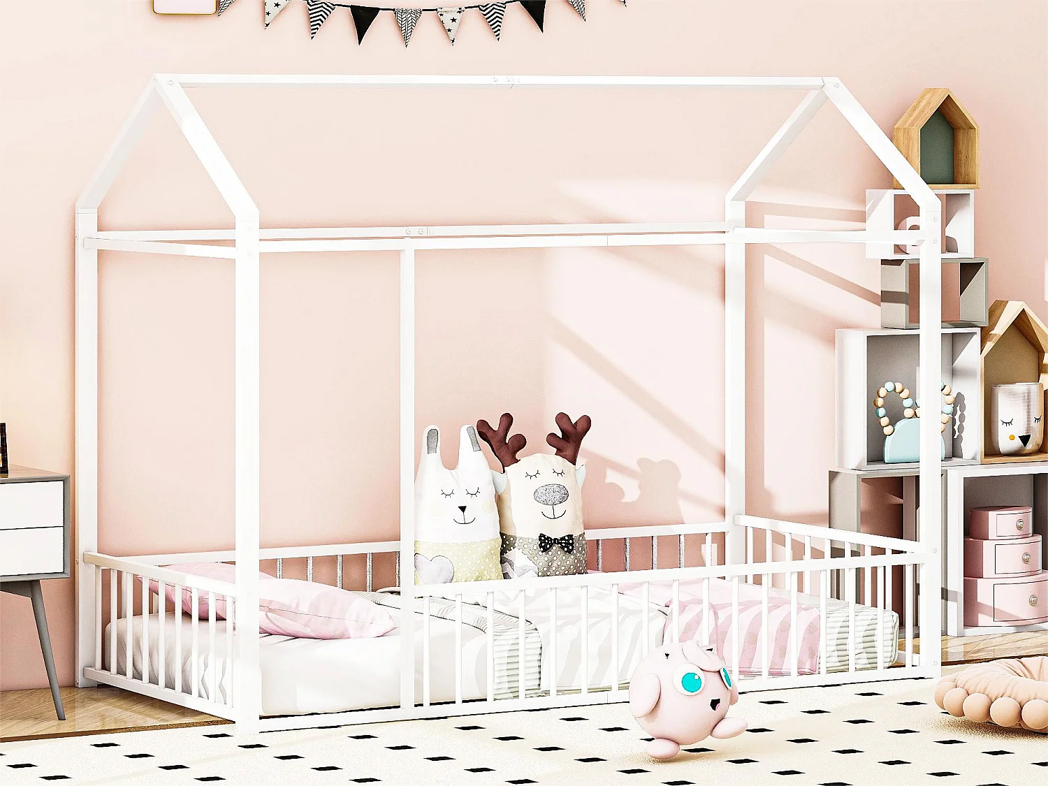 Lit cabane 90 x 200 cm pour enfant - métal - sans sommier - coloris blanc