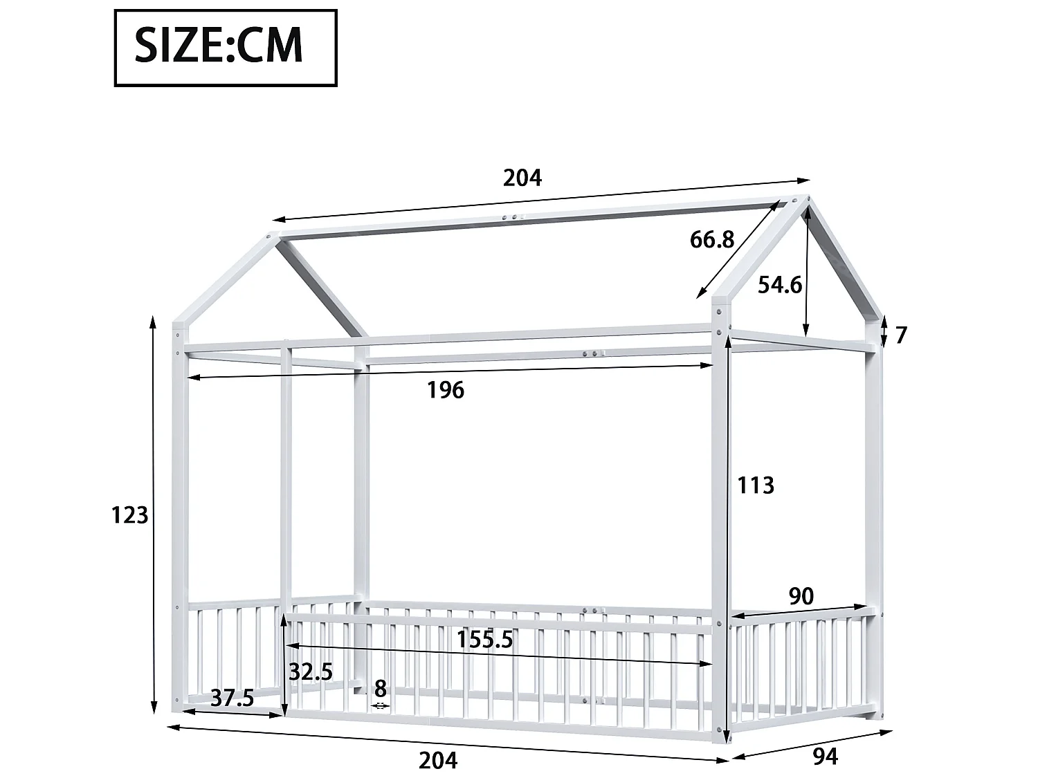 Lit cabane 90 x 200 cm pour enfant - métal - sans sommier - coloris blanc