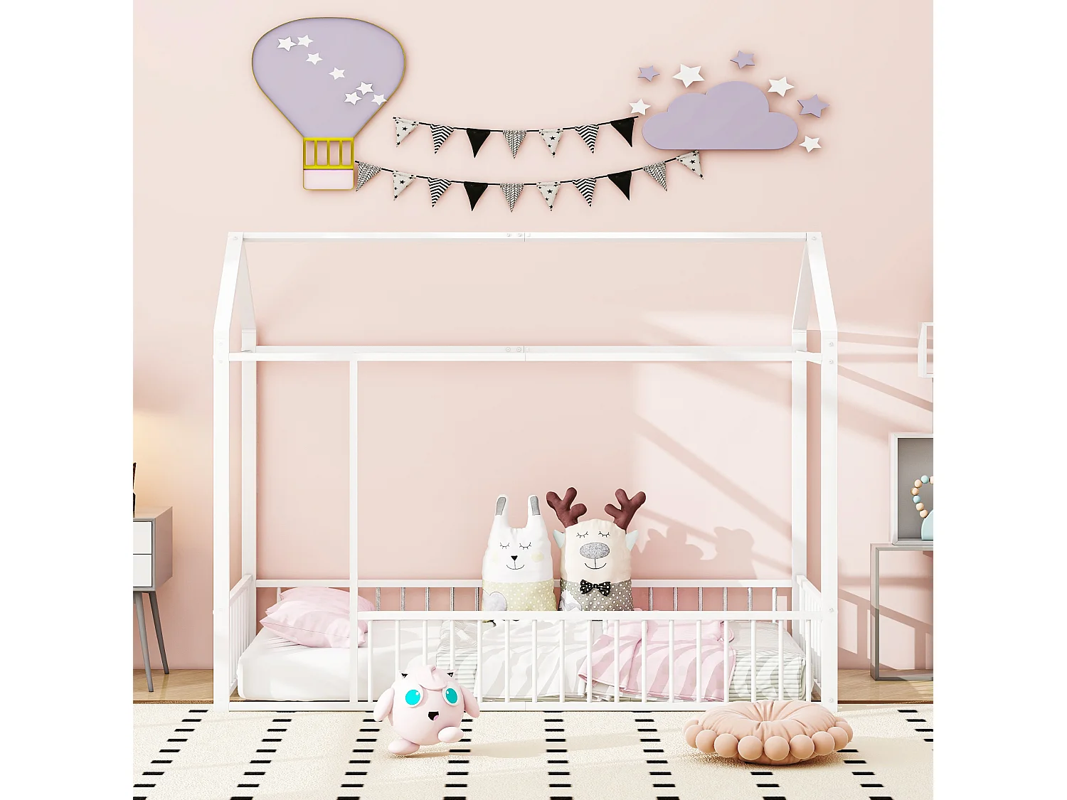 Lit cabane 90 x 200 cm pour enfant - métal - sans sommier - coloris blanc