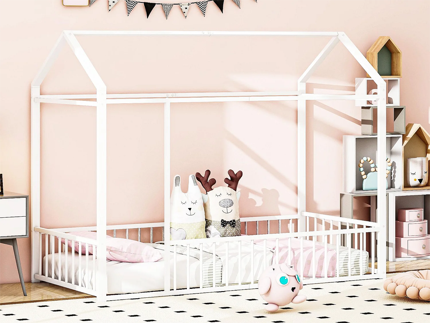 Lit cabane 90 x 200 cm pour enfant - métal - sans sommier - coloris blanc